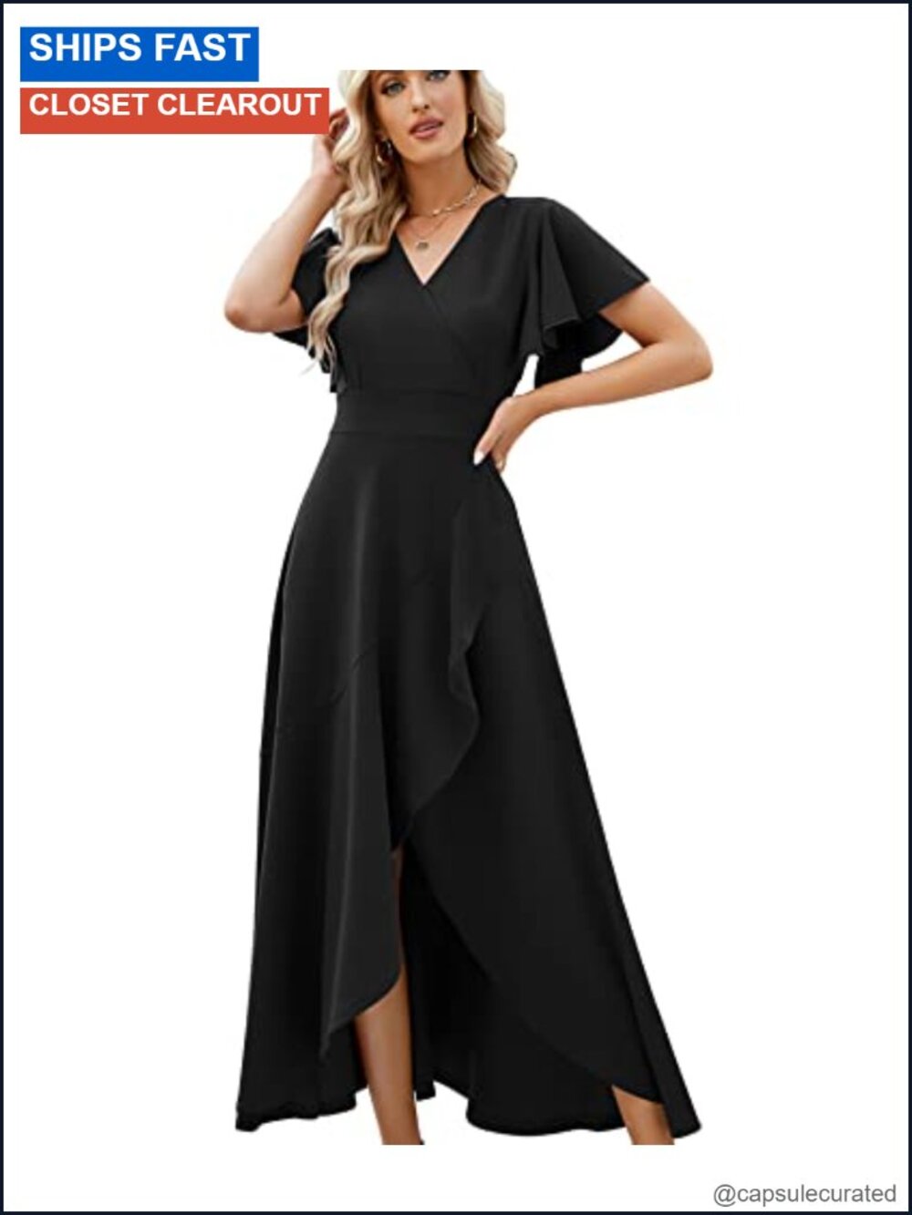 Elegant V-Neck Formal Maxi Evening Dress Flare Sleeve Wrap
